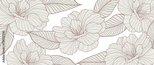 Delicate beige floral vector background with lush flowers and leaves. Floral card, wallpaper, cover design.