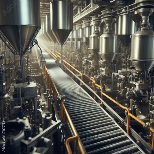 Modern industrial factory with rows of large metal tanks and pipes. The image is taken from a high angle and shows a conveyor belt running through the center of the factory.