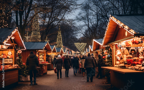 Christmas market and decorations  crowd of people doing Christmas and New Year shopping in a festive atmosphere