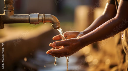 dark-skinned child extends his hands toward a faucet of clean water, the concept of urgent need for clean water solutions in African communities