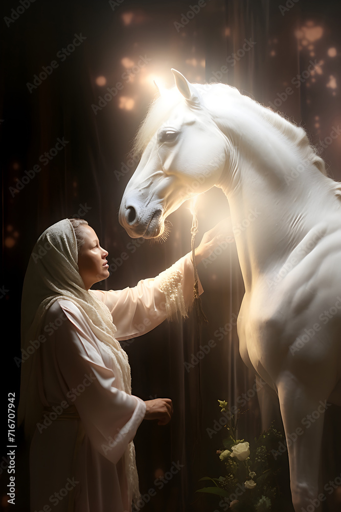 Female shamanic spiritual animal healer giving healing energy to a beautiful white horse  - obrazy, fototapety, plakaty 