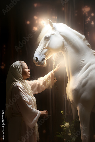 Female shamanic spiritual animal healer giving healing energy to a beautiful white horse  photo