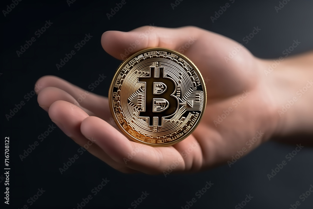 Right hand holding a single Big Bitcoin in front of a black background. Right hand holding a single Big Bitcoin in front of a black background.