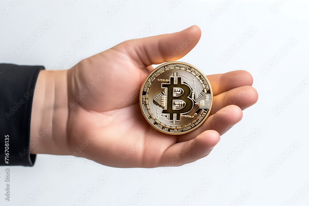 A hand in a suit holds a bitcoin on a white isolated background. A hand in a suit holds a bitcoin on a white isolated background.