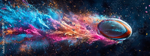 Banner. Dynamic shot of American Football ball flying from colorful dust in motion against black background with negative space to insert text. photo