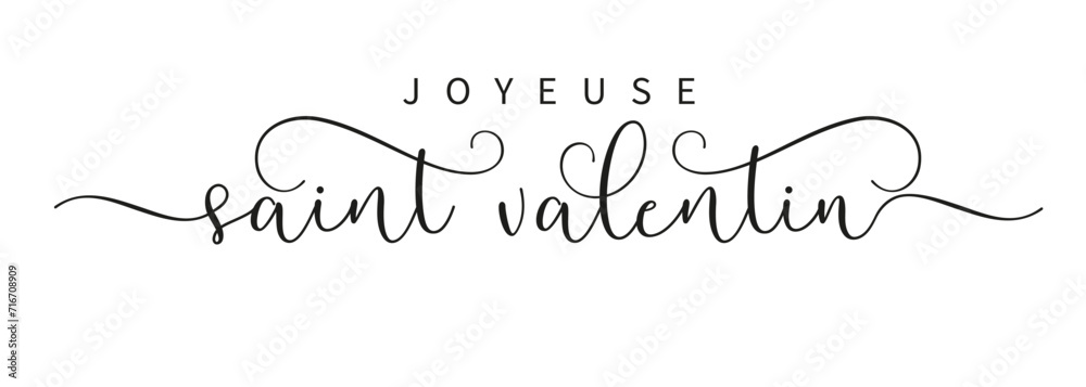 Joyeuse saint Valentin black color brush calligraphy. French calligraphy - Happy Valentines Day elegant lettering card. Horizontal typography for Valentine holiday. Vector romantic header for website - obrazy, fototapety, plakaty 