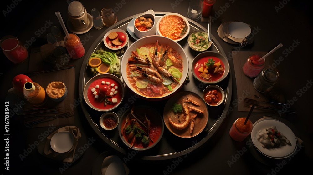 Assortment of korean traditional dishes asian food top view flat lay panorama,,
Top view ramen. Traditional Korean ramen soup with kimchi. Korean cuisine.
