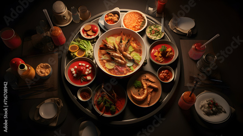 Assortment of korean traditional dishes asian food top view flat lay panorama,, Top view ramen. Traditional Korean ramen soup with kimchi. Korean cuisine.
