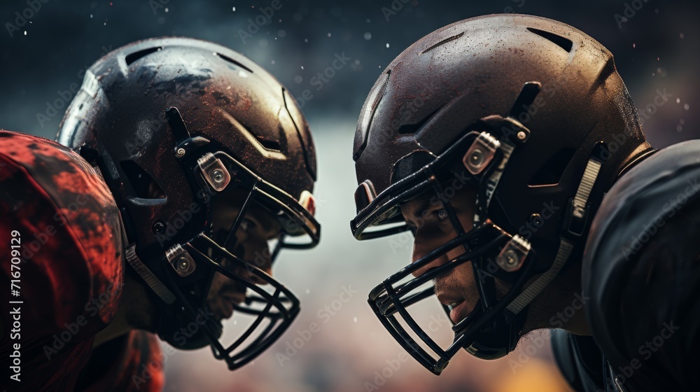 Close up side view portrait. Guys in protective helmets and uniforms, captains of rugby teams, look into each other's eyes while referee plays ball.