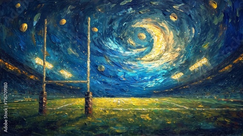 Painted artwork of empty sport field, Rugby stadium with green grass illuminated spotlights in evening. View on gates.