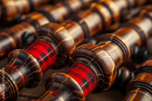 Closeup of Scottish pipes with red ornamental band