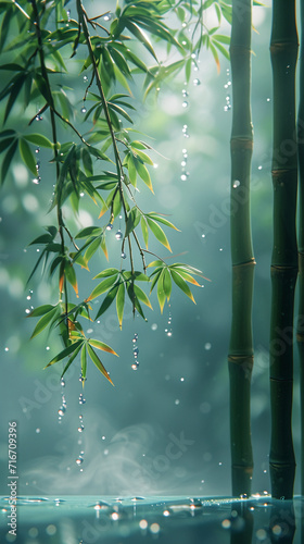 a light blue theme background  with dewdrops and a bamboo leaf hanging in a corner. AI generative