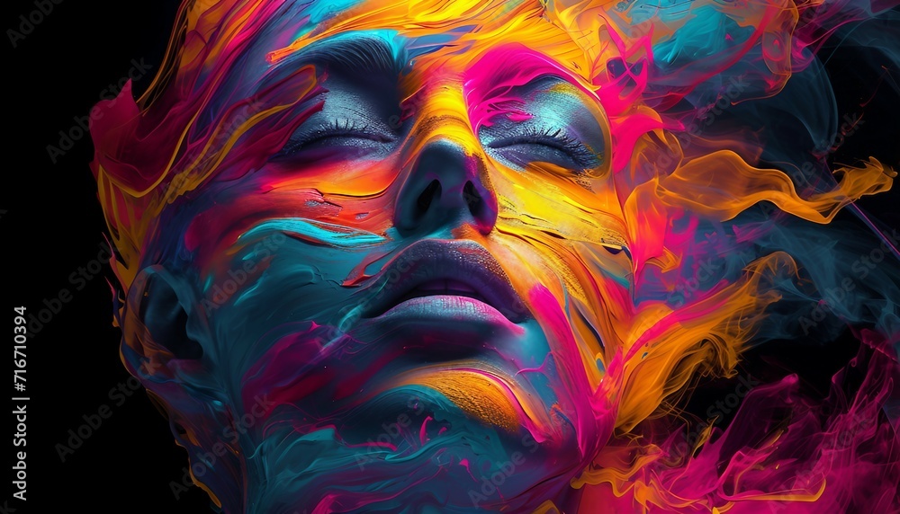 Chromatic Cyberspace, Infuse vibrant colors into an abstract digital face, creating a visually striking representation that symbolizes the dynamic nature of the digital experience.