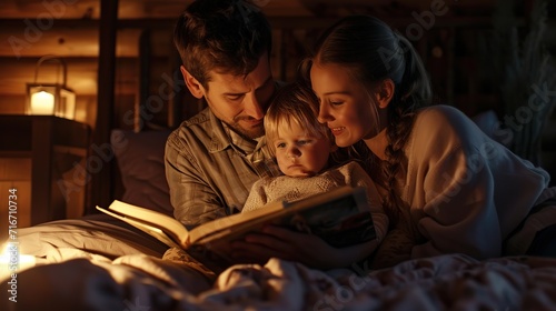 Young family with two small children indoors in bedroom reading a book. Read before sleep in the bedroom.