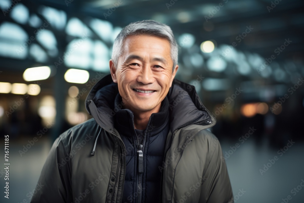 Obraz premium Portrait of a tender asian man in his 60s wearing a trendy bomber jacket against a bustling airport terminal background. AI Generation