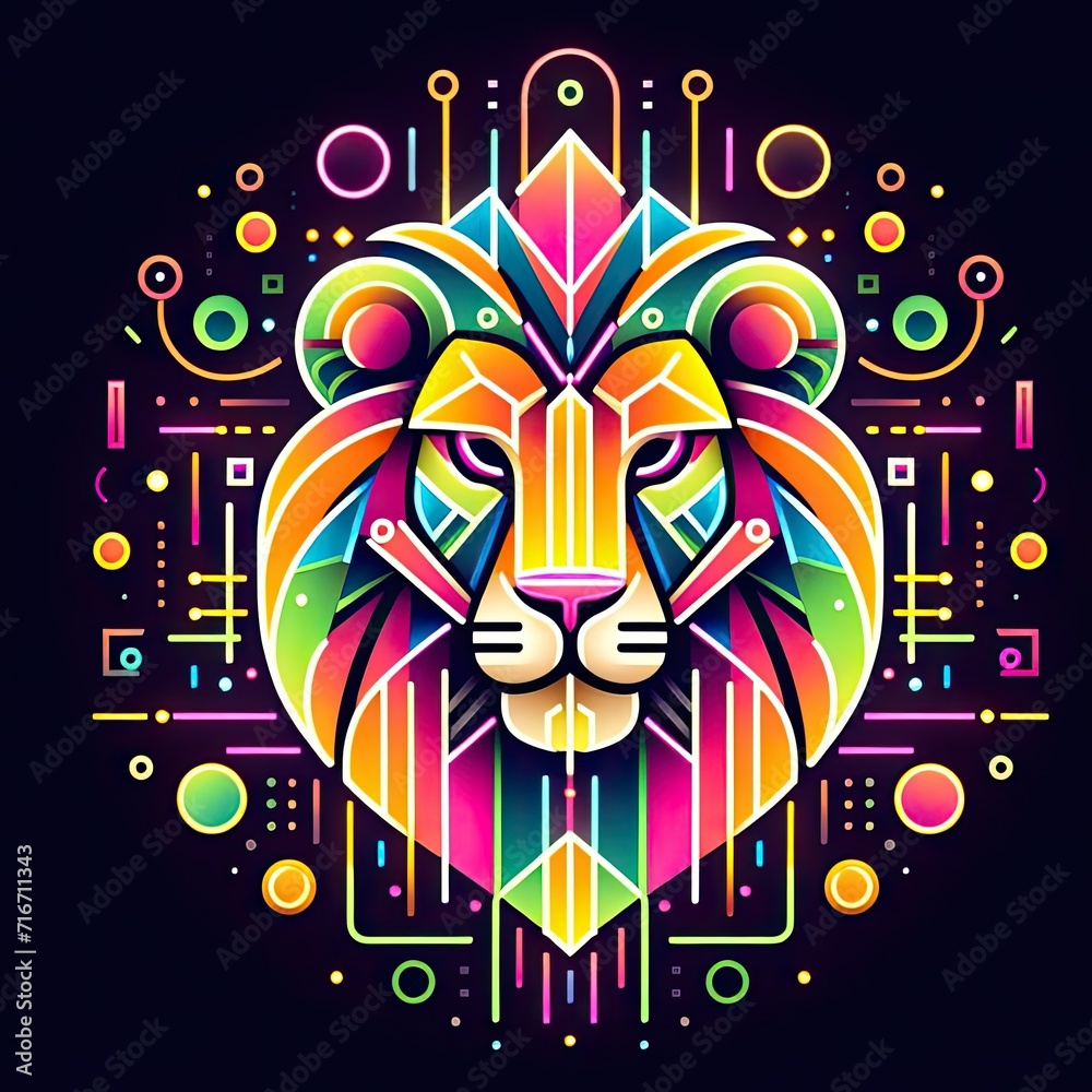 Neon Jungle King: Graphic Illustration of a Lion in Vibrant Geometric Abstraction