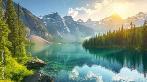 a serene lake reflecting towering snow-capped mountains and lush evergreens under a bright sky with soft sunlight. AI generative