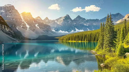 a serene lake reflecting towering snow-capped mountains and lush evergreens under a bright sky with soft sunlight. AI generative