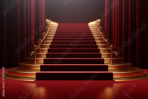 Graphic resources. Red carpet with stairs background with copy space. Luxurious style