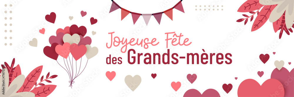 Joyeuse fête des Grands-mères - Bannière festive pour la célébration des mamies - Éléments  vectoriels roses et beiges - Illustrations de guirlandes, cœurs et motifs végétaux lumineux - Famille