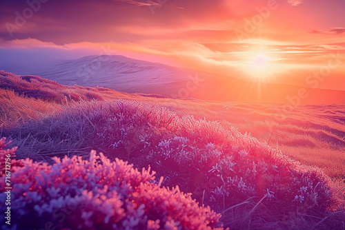 plants on the ground  frozen purple and red berries  more vivid colours  sunset. AI generative