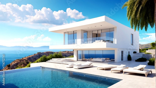 Luxury villa with a swimming pool, white modern house, beautiful sea view landscape, coast.