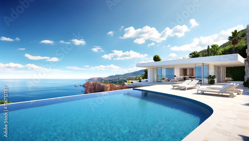 Luxury villa with a swimming pool, white modern house, beautiful sea view landscape, coast. © Abdullah