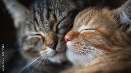 two cute little kittens sleeping on a white background valentine's day concept. Couple kittens in love, kiss, hug, together.