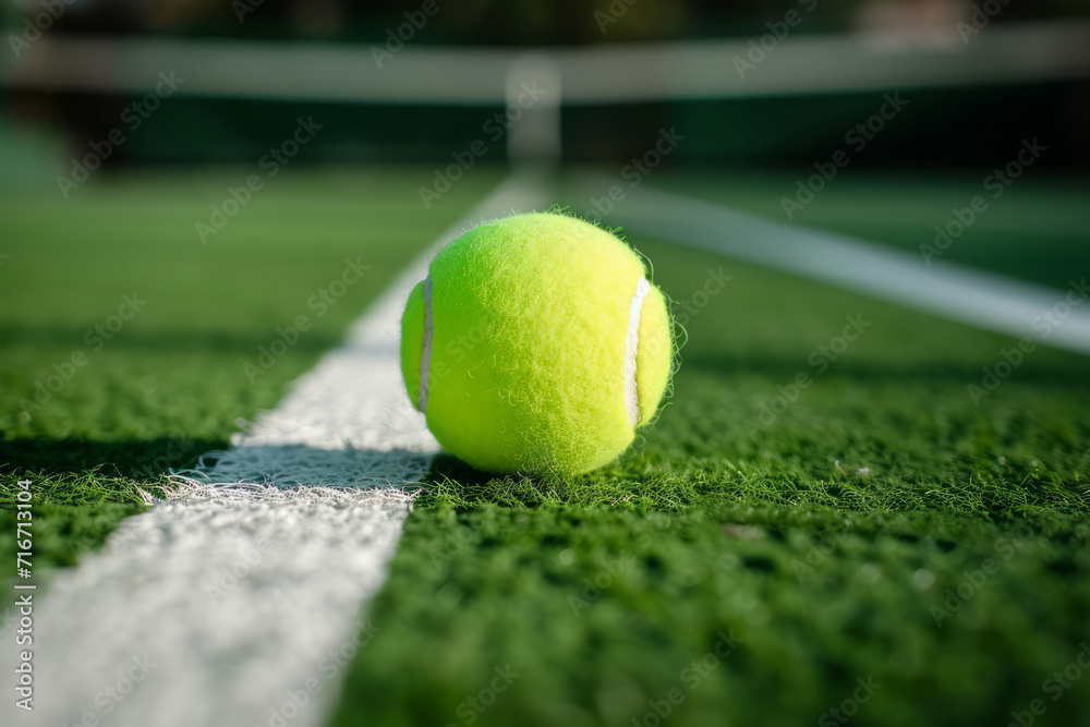 A close up of a tennis ball resting on the white line