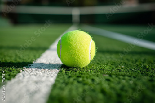 A close up of a tennis ball resting on the white line