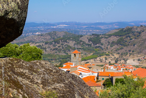 photo background view of the valley and the village of Monsanto and a huge cobblestone among the mountains, Portugal