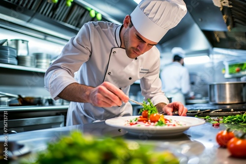 Professional chef in a stainless steel kitchen, garnishing an elegant dish, with a focus on the vibrant food colors