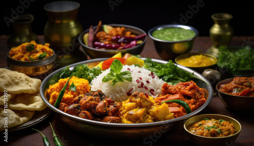 Variety of traditional Indian dishes on the wooden table, select