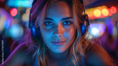 portrait of a beautiful attractive athletic slim girl in blue and pink neon light. Happy young woman with long wavy hair surfing internet during break in contemporary workspace