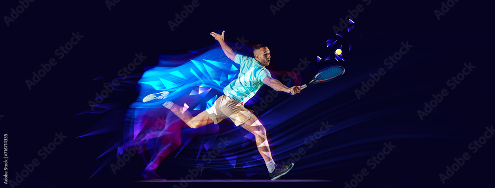 Sportive w man, tennis player in motion playing on blue background with polygonal and fluid neon elements. Concept of sport, action, competition, tournament. Banner for sport events