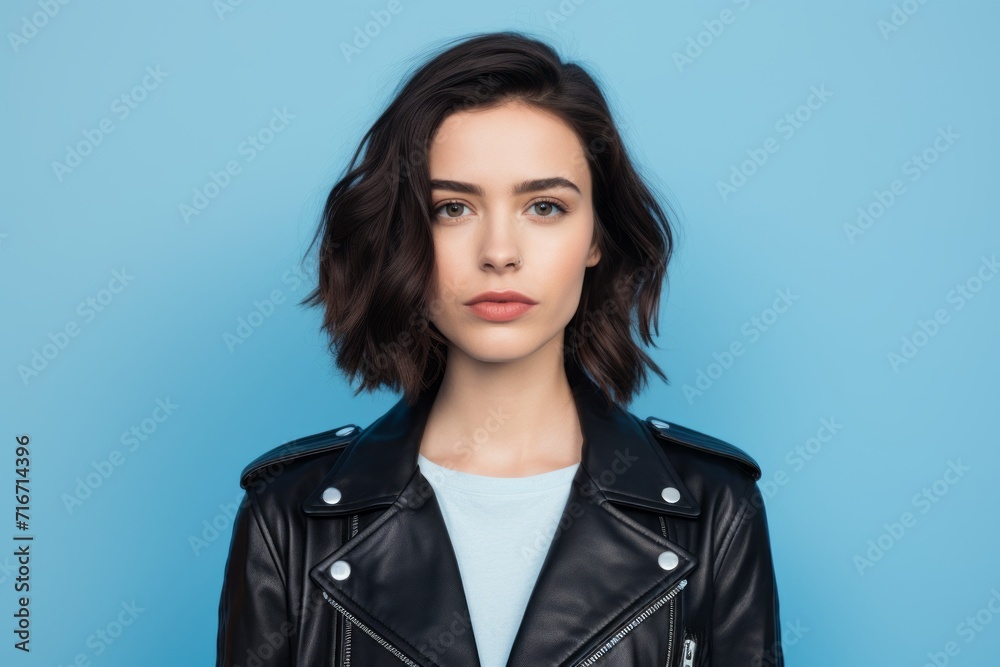 Portrait of a content woman in her 20s sporting a classic leather jacket against a pastel blue background. AI Generation Portrait of a content woman in her 20s sporting a classic leather jacket against a pastel blue background. AI Generation