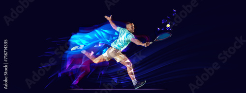 Sportive w man, tennis player in motion playing on blue background with polygonal and fluid neon elements. Concept of sport, action, competition, tournament. Banner for sport events © master1305