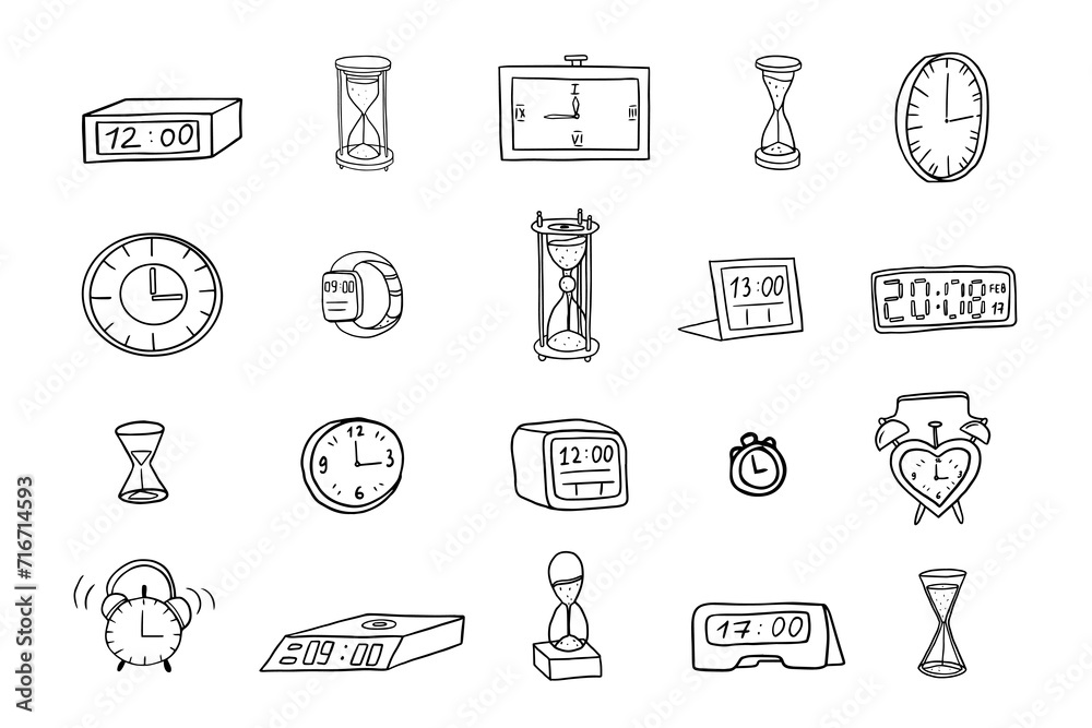 Big set of watch in doodle style. Wrist watch, clock, hourglass, alarm, round clock, clock face, square clock, mechanical watches, quartz watches, digital watch, wall clock. Exact time. Hand drawn. 