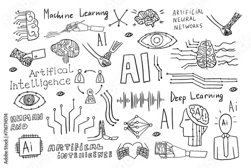 Big set of artifical intlligince and neural network icons in doodle style. Study, education, deep learning, machine learning. Vector illustration. Hand drawn