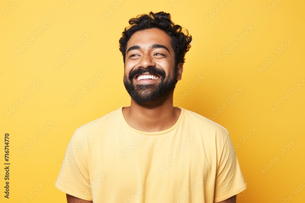 Portrait of a grinning indian man in his 30s donning a trendy cropped top against a pastel yellow background. AI Generation Portrait of a grinning indian man in his 30s donning a trendy cropped top against a pastel yellow background. AI Generation