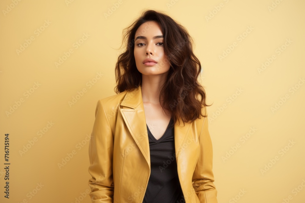 Fototapeta premium Portrait of a tender woman in her 20s sporting a stylish leather blazer against a pastel yellow background. AI Generation