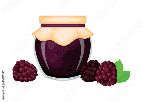 Blackberry jam in glass jar and fresh blackberries vector illustration. Glass of blackberry marmalade design element. Blackberry jam jar icon set isolated on a white background