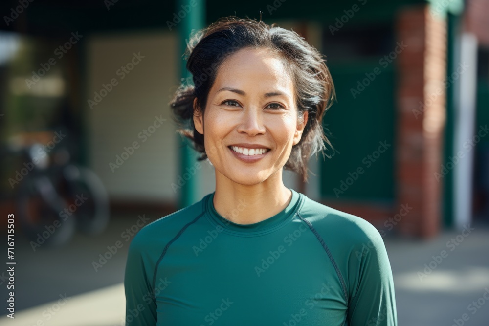 Portrait of a smiling asian woman in her 40s sporting a technical climbing shirt against a pastel green background. AI Generation Portrait of a smiling asian woman in her 40s sporting a technical climbing shirt against a pastel green background. AI Generation