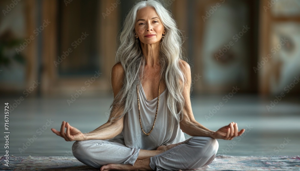 Pretty mature 50 year old woman in a yoga pose, fitness influencer, attractive cute face. Meditation senior female background concept.