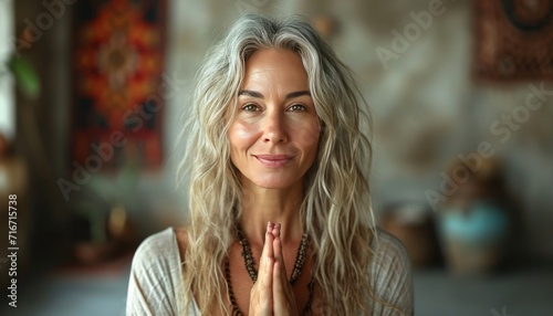 Pretty mature 50 year old woman in a yoga pose, fitness influencer, attractive cute face. Meditation senior female background concept.