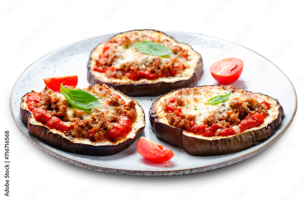 Eggplant Pizza with Tomato Sauce, Minced Meat, Mozzarella and Basil, Mini Vegetable Pizza over White Background Eggplant Pizza with Tomato Sauce, Minced Meat, Mozzarella and Basil, Mini Vegetable Pizza over White Background