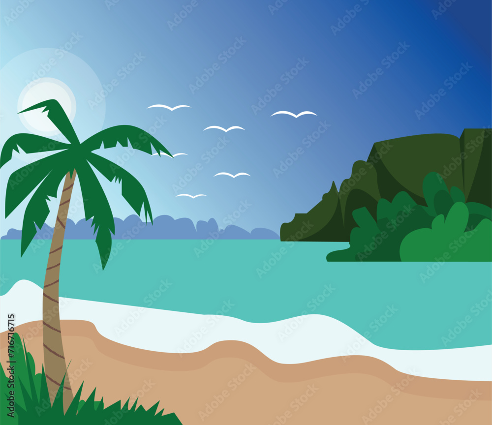 Vector image, tropical island and sandy beach . Birds in the sky. Mountains covered with greenery and palm trees.