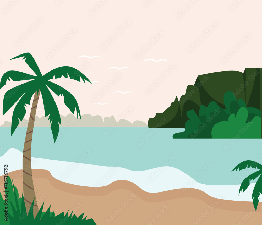 Vector image of a tropical island and a sandy beach at sunset . Birds in the sky. Mountains covered with greenery and palm trees.