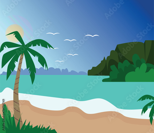 Vector image, tropical island and sandy beach . Birds in the sky. Mountains covered with greenery and palm trees.