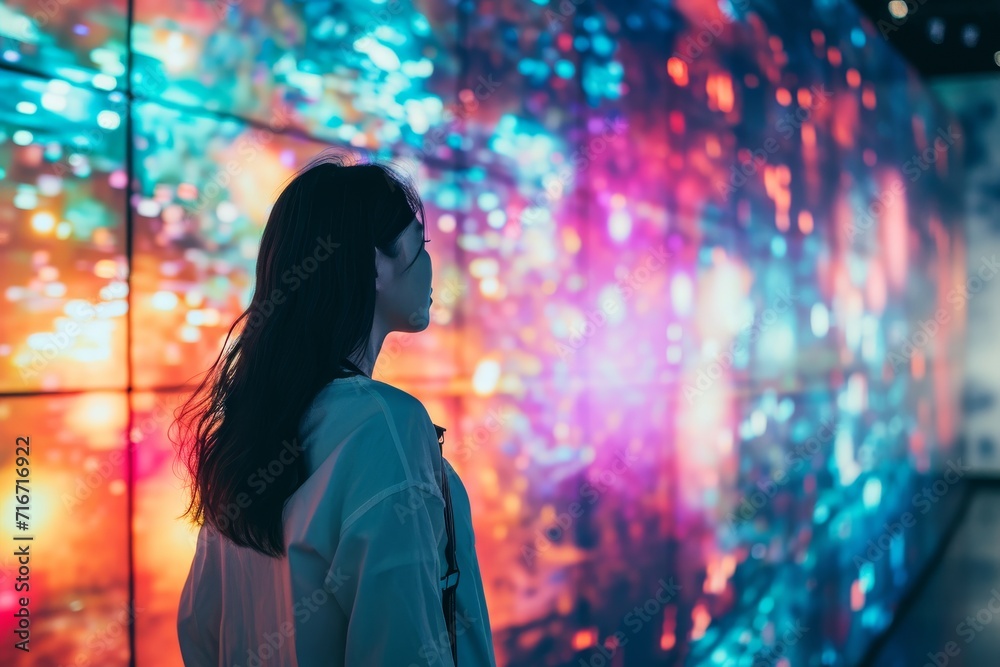 Businesswoman exploring a digital art exhibition with interactive installations Businesswoman exploring a digital art exhibition with interactive installations